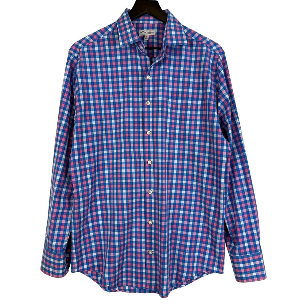 Peter Millar Summer Comfort Button Front Plaid Pink Blue Shirt - Size M